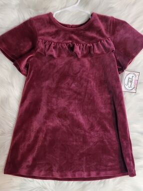 Velvet Ruffle Short Sleeve Dress - Color: Maroon - Girls Size 3T